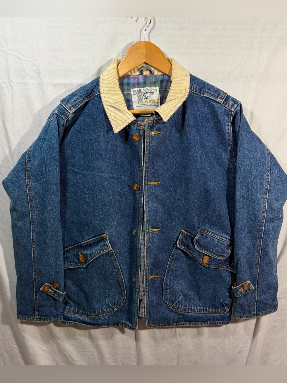 London Fog Women’s Denim Chore Coat Size L Flannel Lined Corduroy Collar Flaws